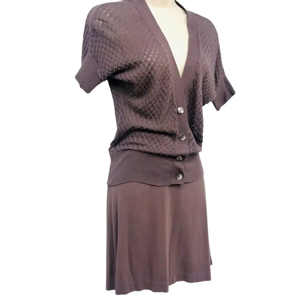Ann Taylor Mauve Knit Skirt and Short Sleeve Cardigan Matched Set V Neckline